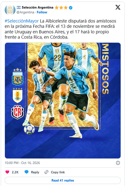 Argentina công bố lịch trình vào tháng 11 tới